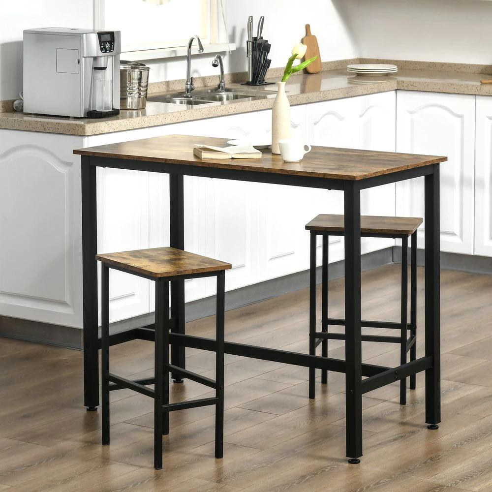 Industrial Bar Table Set, 2 Stools, 3PC Counter Height Rustic Brown by HOMCOM
