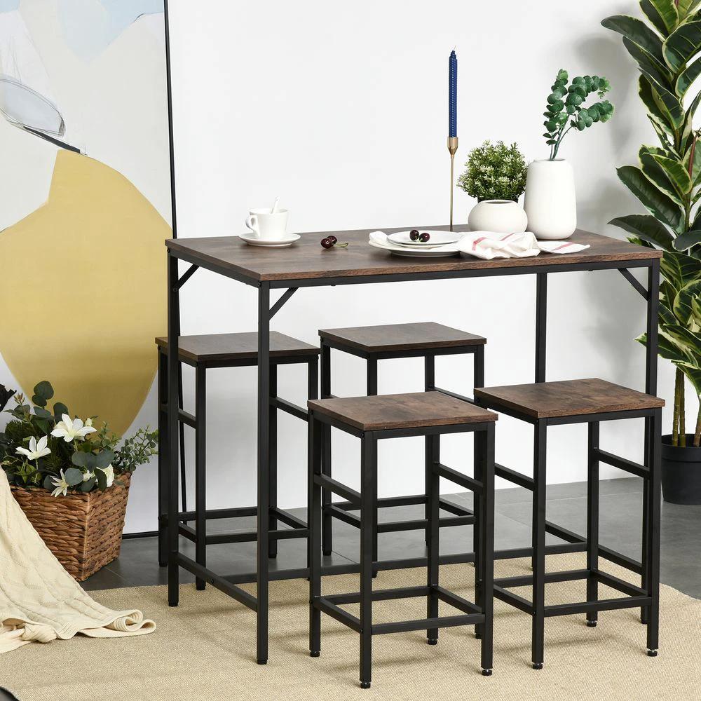 HOMCOM MDF Industrial 5-Piece Dining Set Dining Table with 4 Stools Black/Brown - Uncategorized Dining Set