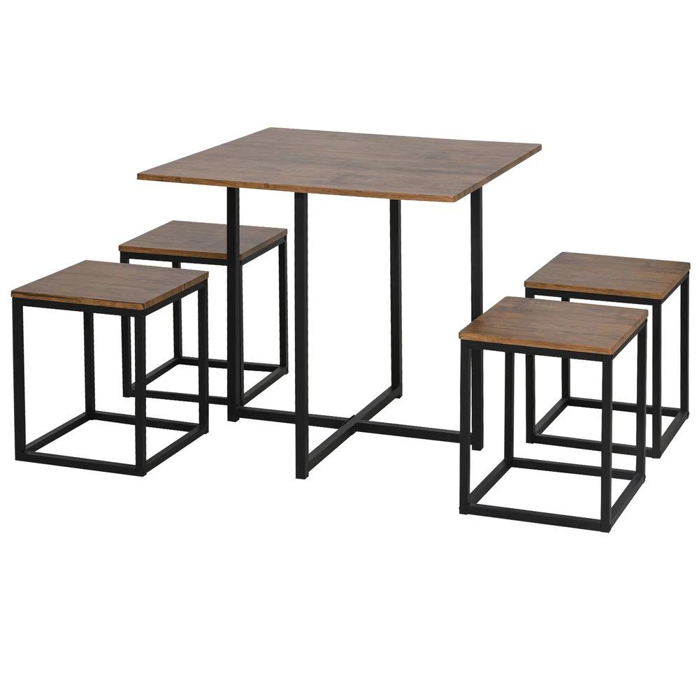 HOMCOM MDF Topped Steel 5-Piece Dining Set Dining Table with 4 Stools Black/Brown - Uncategorized Dining Set