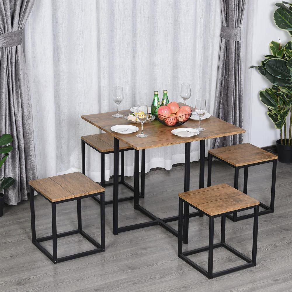 HOMCOM MDF Topped Steel 5-Piece Dining Set Dining Table with 4 Stools Black/Brown - Uncategorized Dining Set