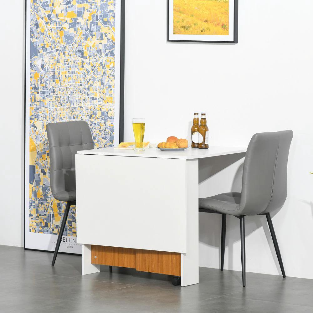 Folding Drop Leaf Table Dining Mobile Writing Desk W/ Casters-Teak/White by HOMCOM