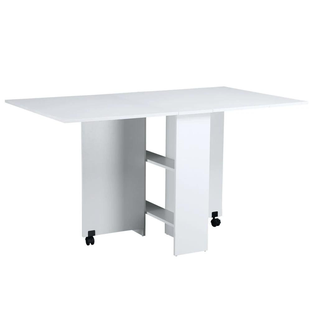 Kitchen Folding Desk Mobile Drop Leaf Dining Table Wheel Storage Shelves White by HOMCOM