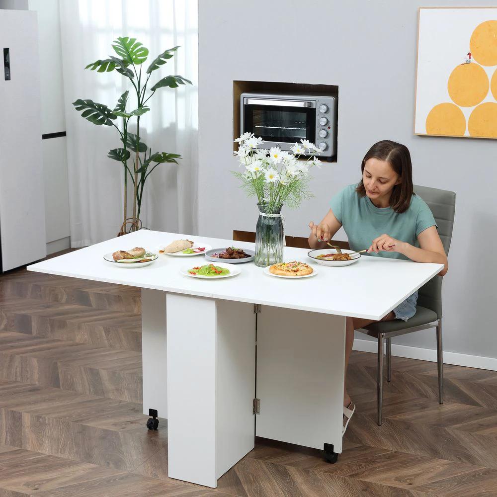 Kitchen Folding Desk Mobile Drop Leaf Dining Table Wheel Storage Shelves White by HOMCOM