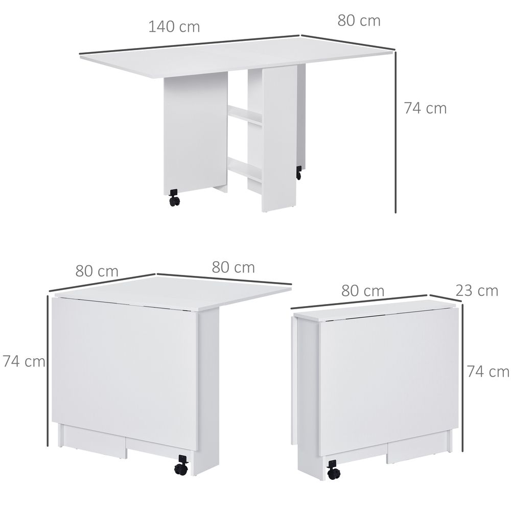 Kitchen Folding Desk Mobile Drop Leaf Dining Table Wheel Storage Shelves White - Dining Table from HOMCOM