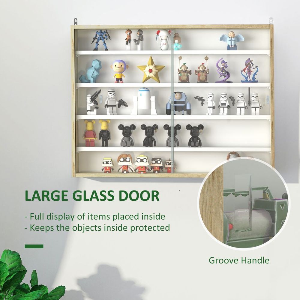 5-Tier Wall Display Shelf Unit Cabinet w/ Shelves Glass Doors Natural - Display Cabinet from HOMCOM