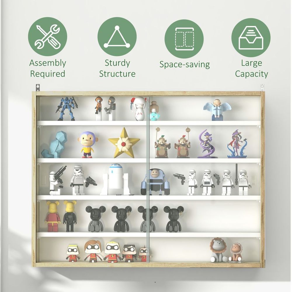 5-Tier Wall Display Shelf Unit Cabinet w/ Shelves Glass Doors Natural - Display Cabinet from HOMCOM