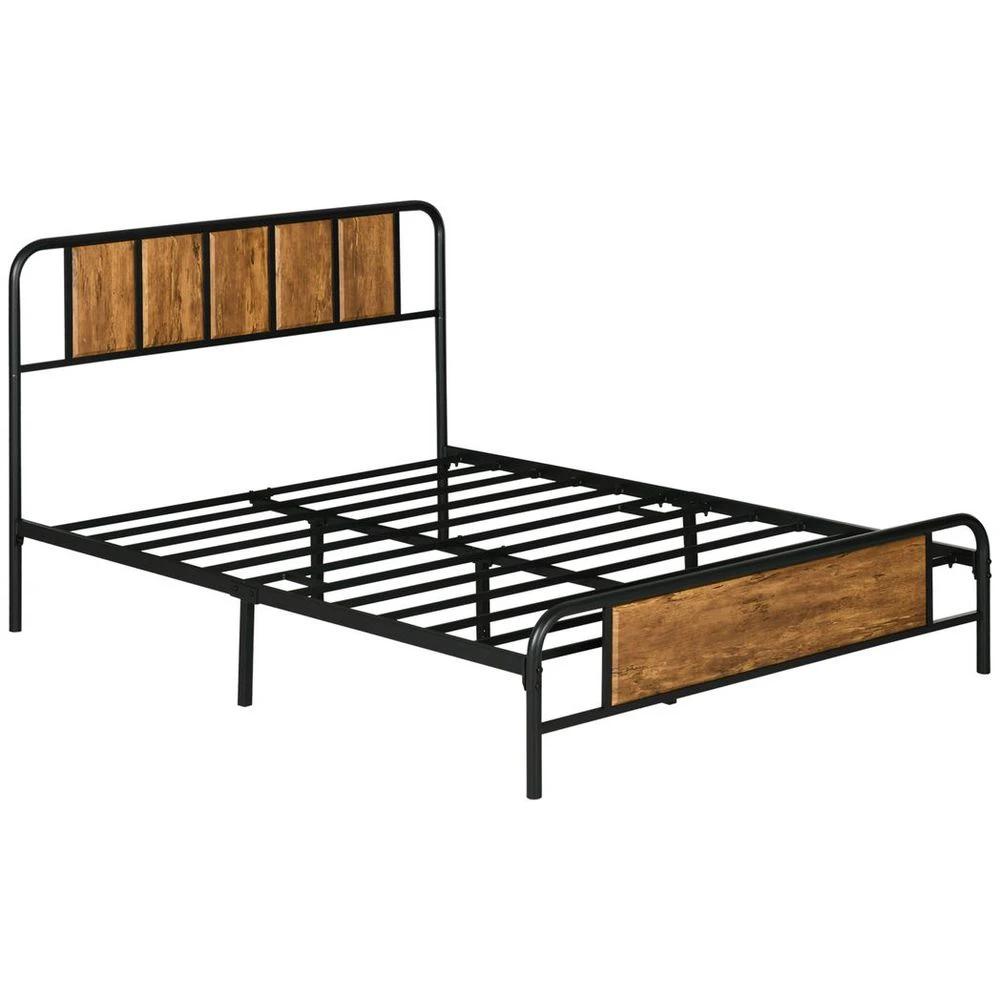Double Bed Frame Steel Bed Base with Headboard 145 x 199cm Brown by HOMCOM