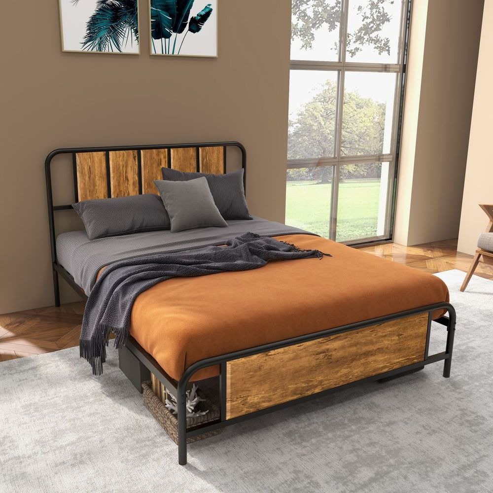 Double Bed Frame Steel Bed Base with Headboard 145 x 199cm Brown - Double Bed from HOMCOM