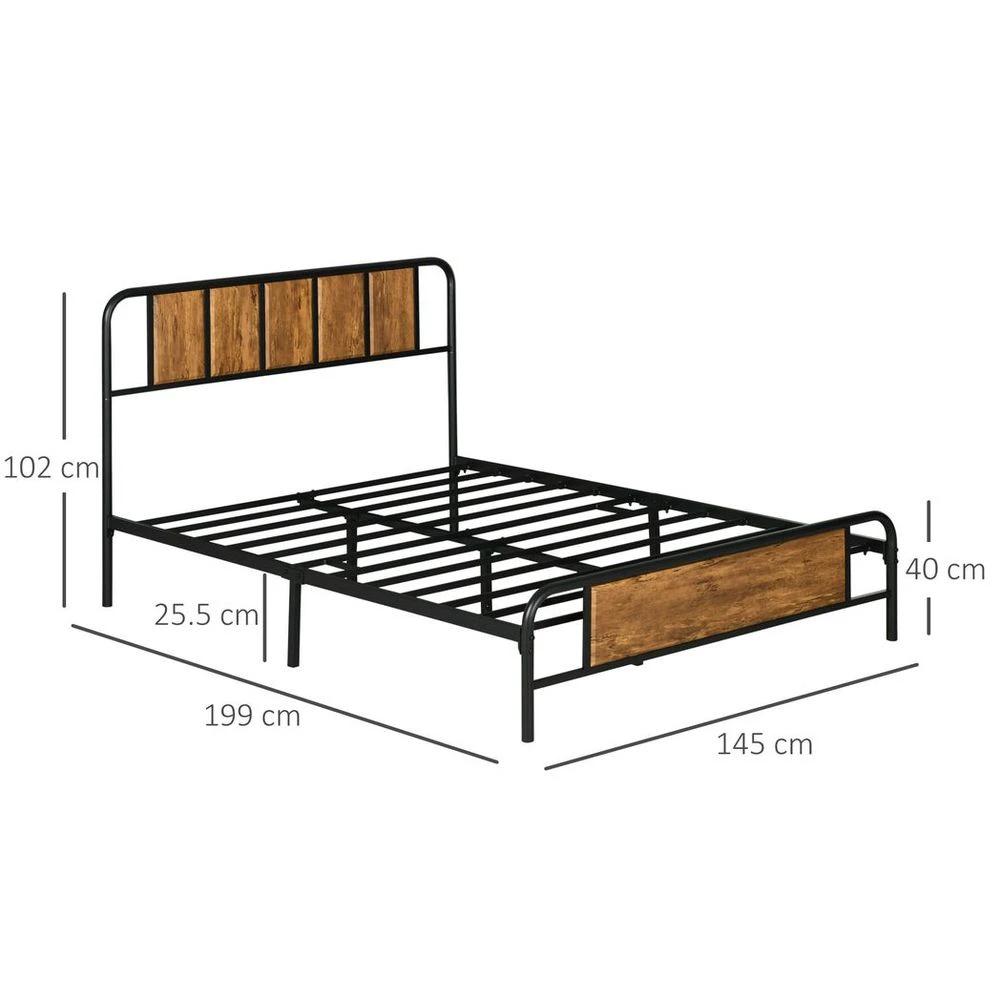 Double Bed Frame Steel Bed Base with Headboard 145 x 199cm Brown by HOMCOM