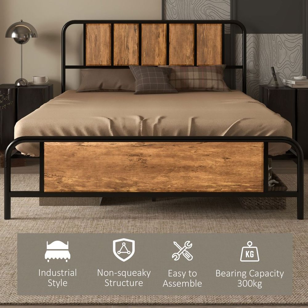 Double Bed Frame Steel Bed Base with Headboard 145 x 199cm Brown - Double Bed from HOMCOM