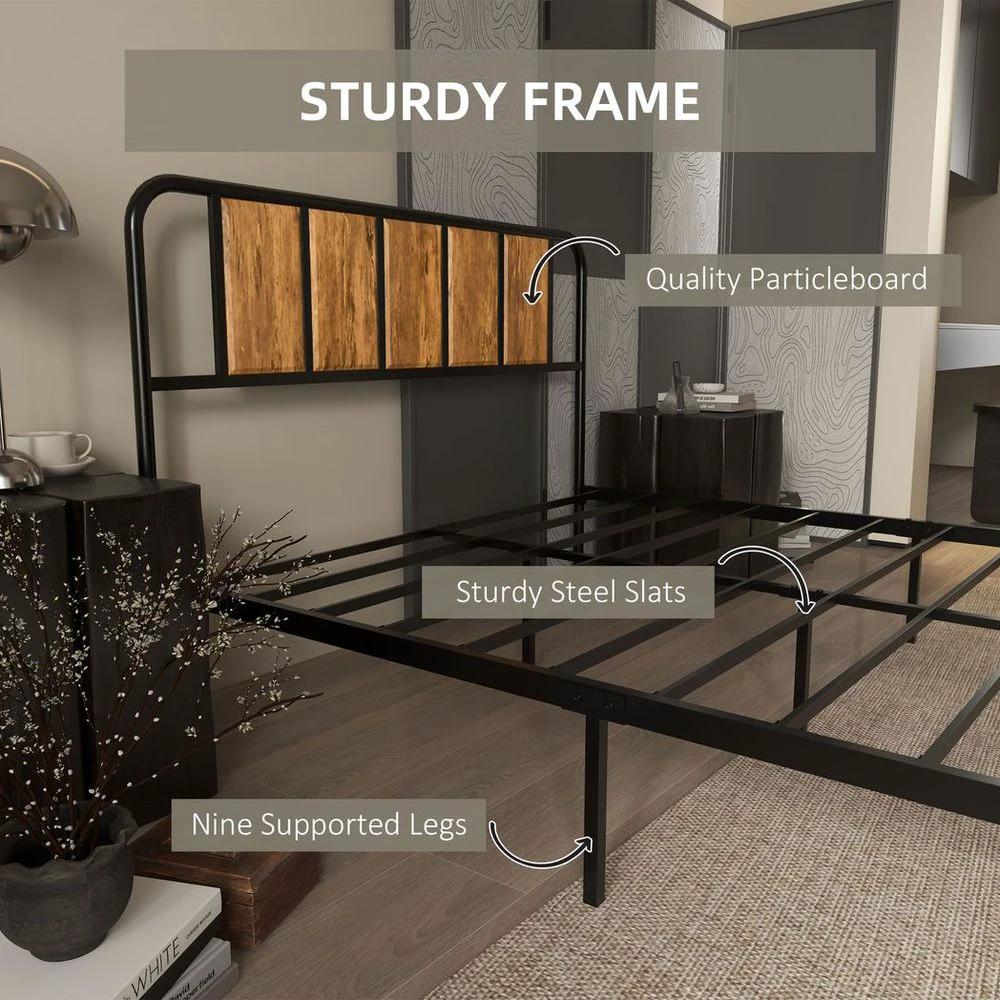 Double Bed Frame Steel Bed Base with Headboard 145 x 199cm Brown by HOMCOM