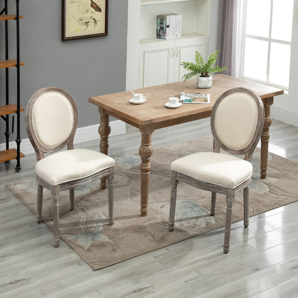 Set of 2 Elegant French-Style Dining Chairs w/ Wood Frame Foam Seat Cream - Fabric Dining Chairs from HOMCOM