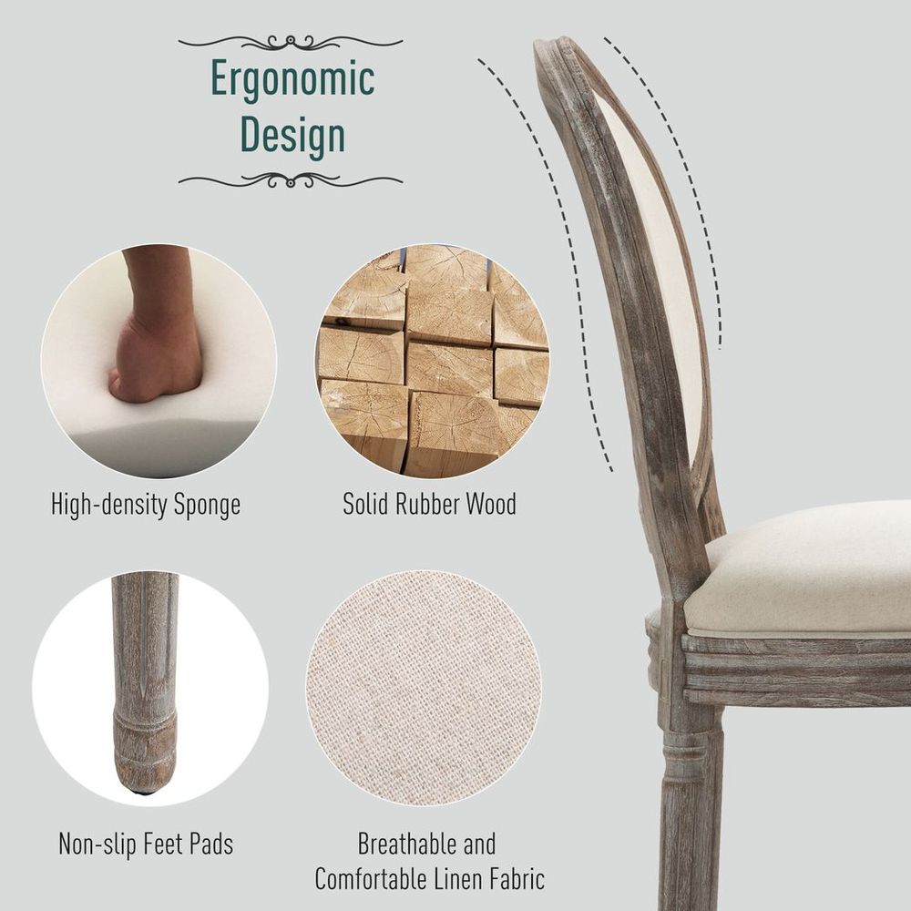 Set of 2 Elegant French-Style Dining Chairs w/ Wood Frame Foam Seat Cream - Fabric Dining Chairs from HOMCOM