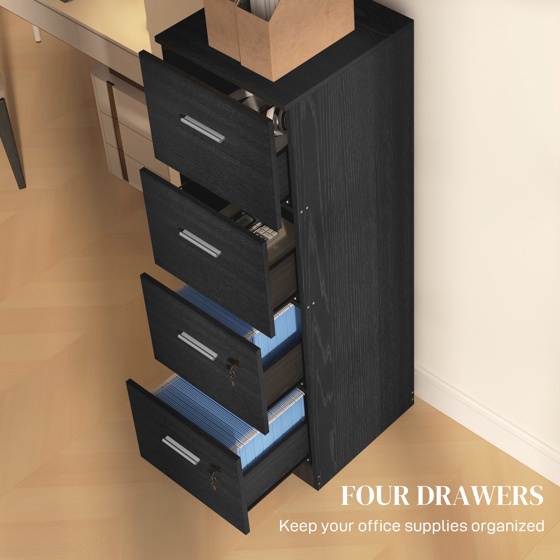 HOMCOM 4 Drawer File Cabinet Locking Filing Cabinet, Black Wood Effect - Filing Cabinet from HOMCOM