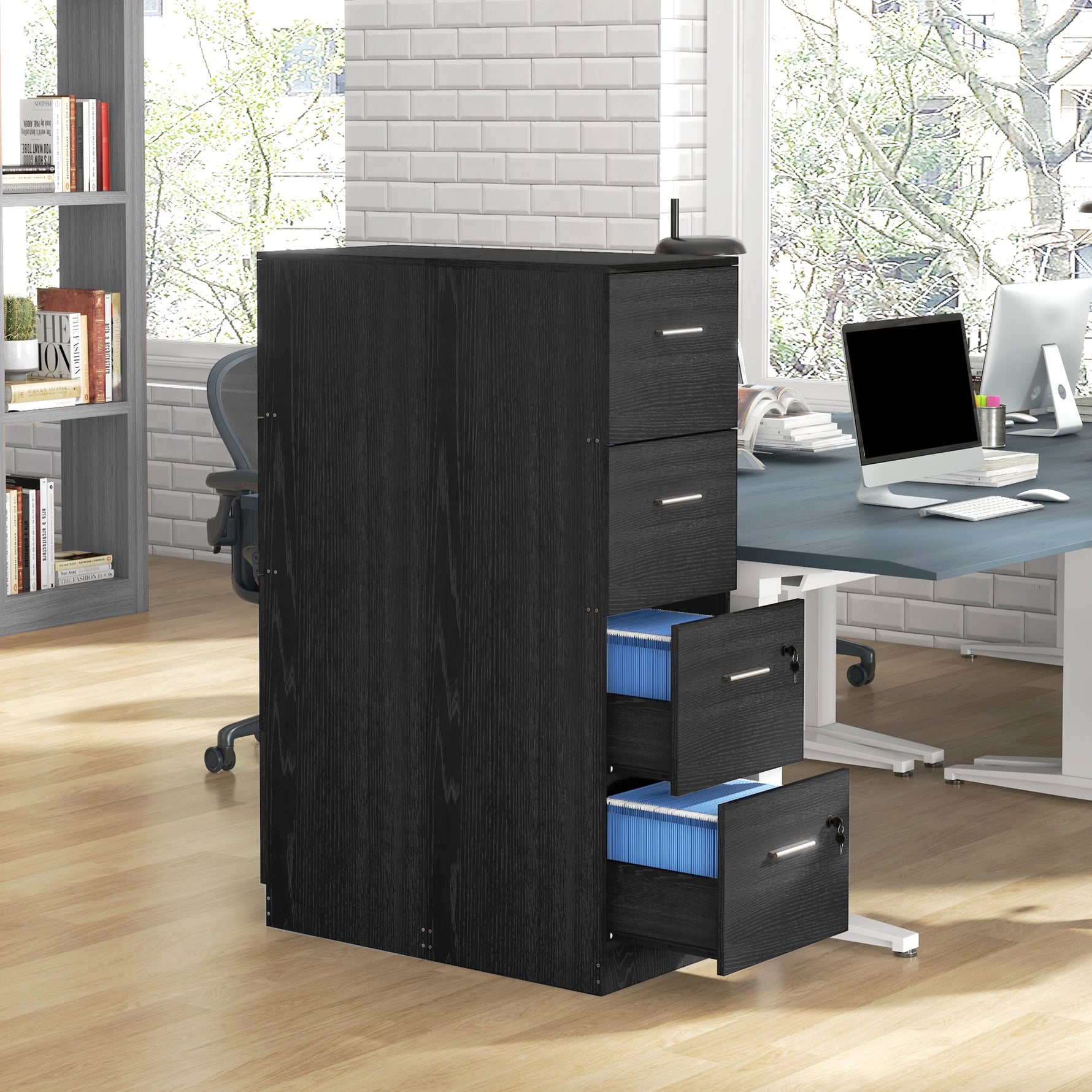 HOMCOM 4 Drawer File Cabinet Locking Filing Cabinet, Black Wood Effect - Filing Cabinet from HOMCOM