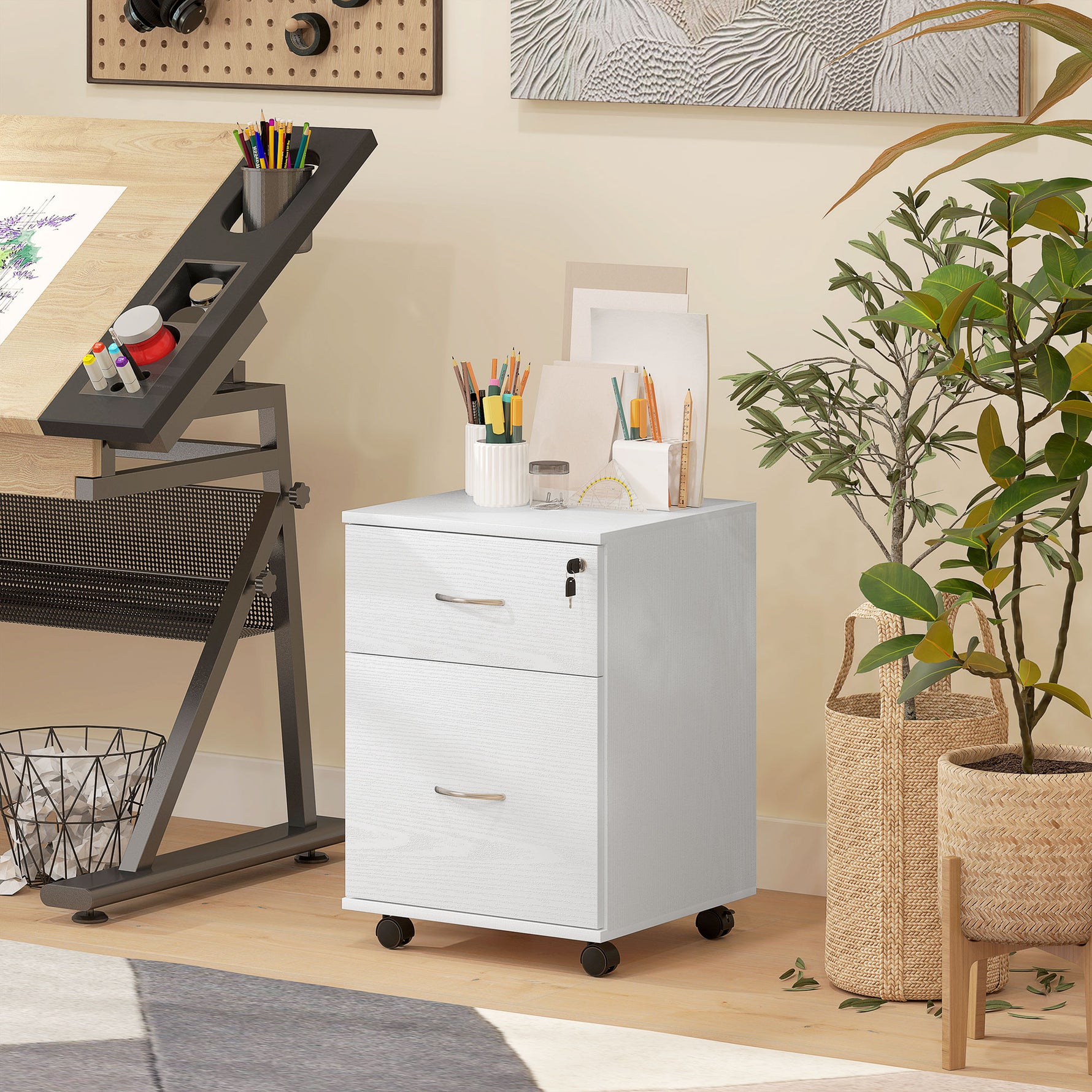 HOMCOM Pedestal Office Mobile Filing Cabinet 2 Drawer White - Filing Cabinet from HOMCOM