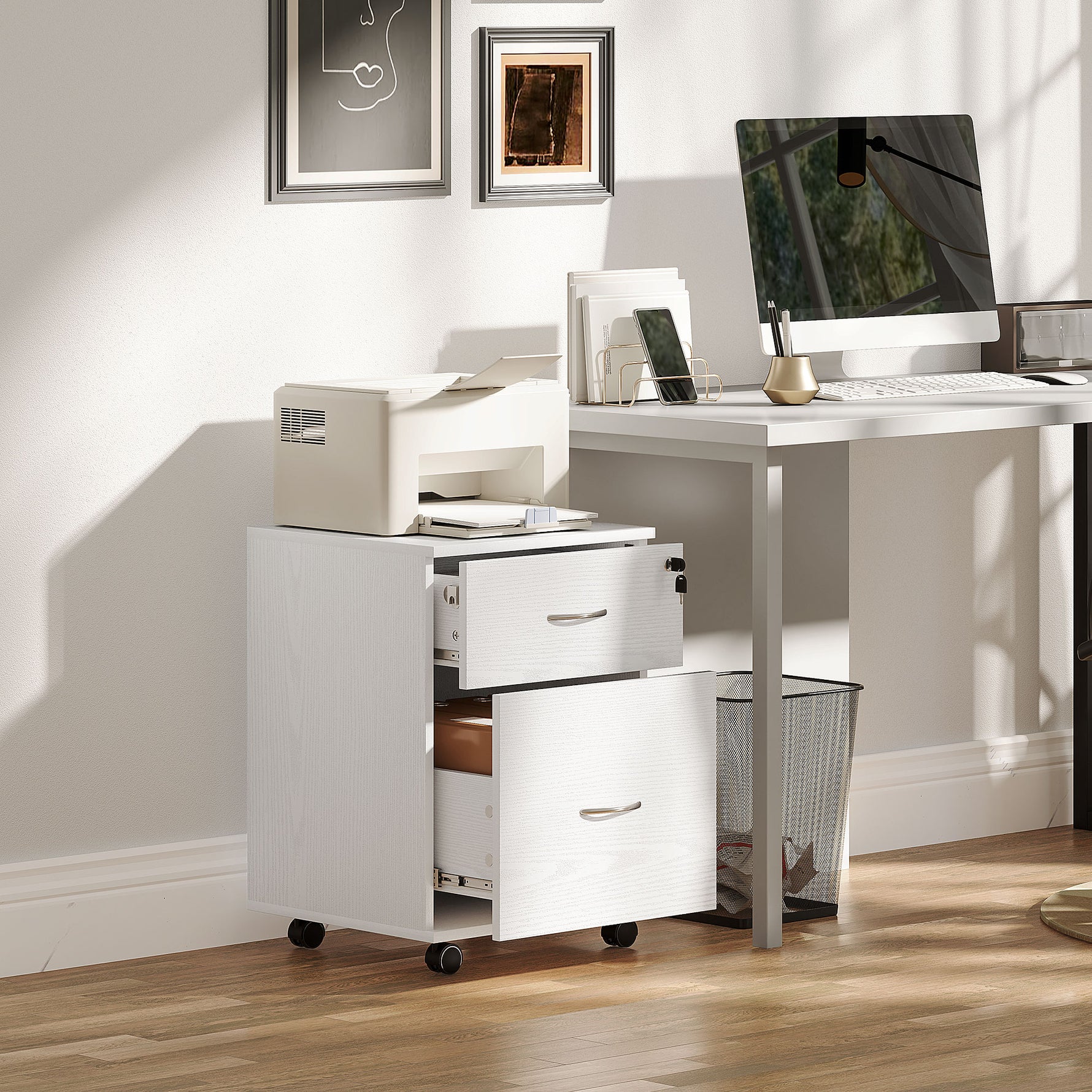 HOMCOM Pedestal Office Mobile Filing Cabinet 2 Drawer White - Filing Cabinet from HOMCOM