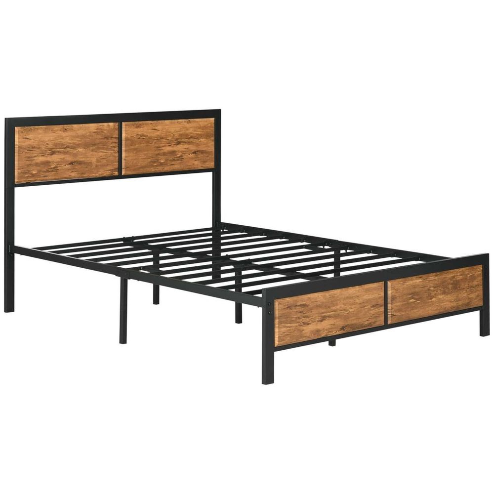 Double Size Bed Frame Steel Bed Base with Headboard 147 x 197cm Brown - King Size from HOMCOM