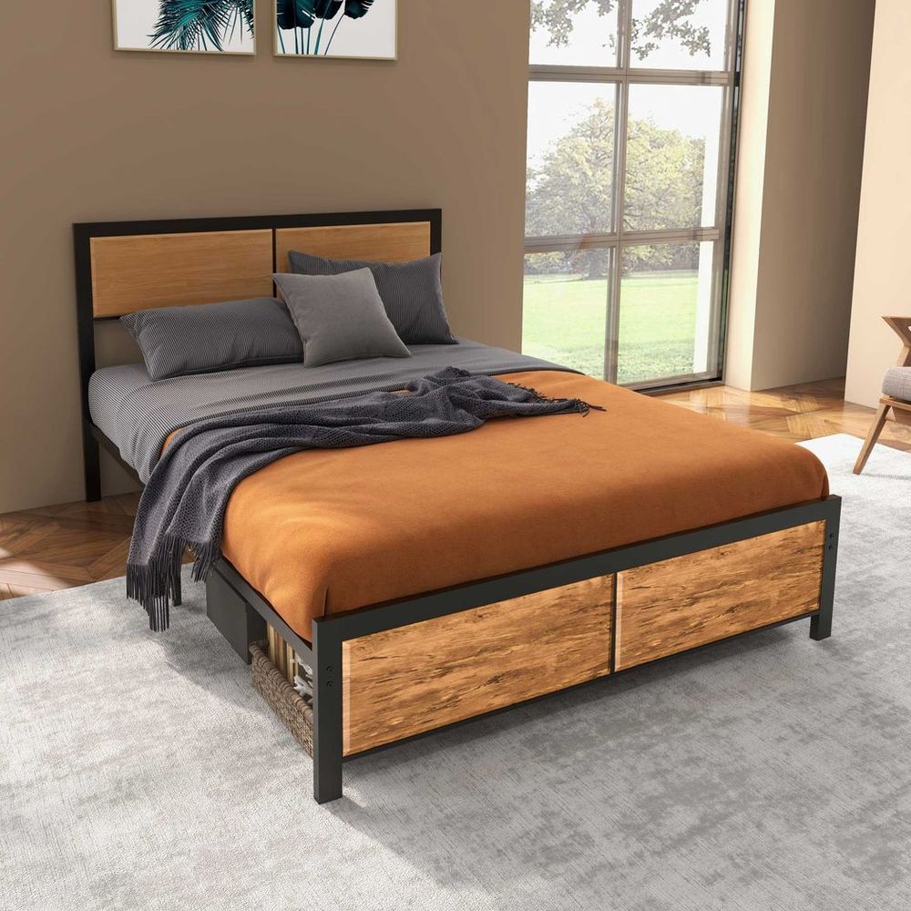 Double Size Bed Frame Steel Bed Base with Headboard 147 x 197cm Brown - King Size from HOMCOM