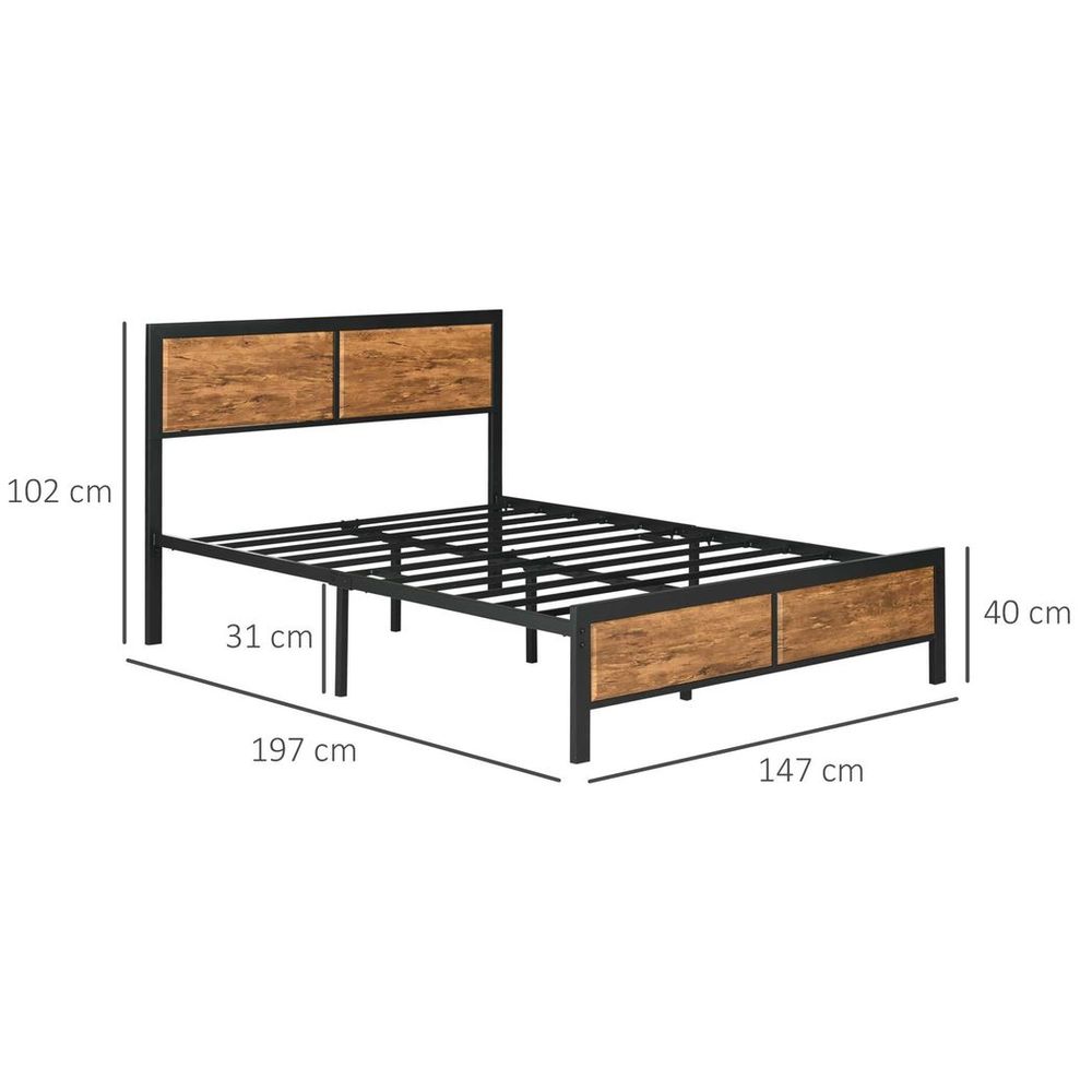 Double Size Bed Frame Steel Bed Base with Headboard 147 x 197cm Brown - King Size from HOMCOM