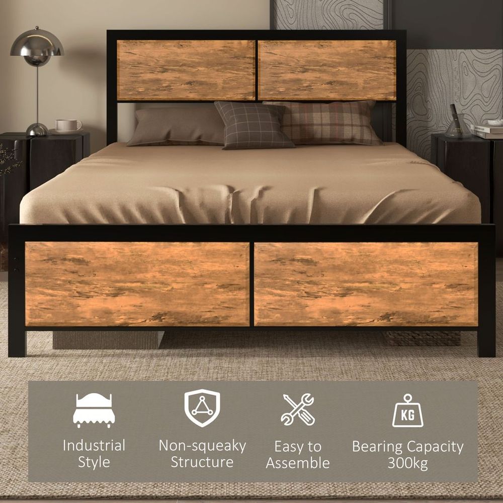 Double Size Bed Frame Steel Bed Base with Headboard 147 x 197cm Brown - King Size from HOMCOM
