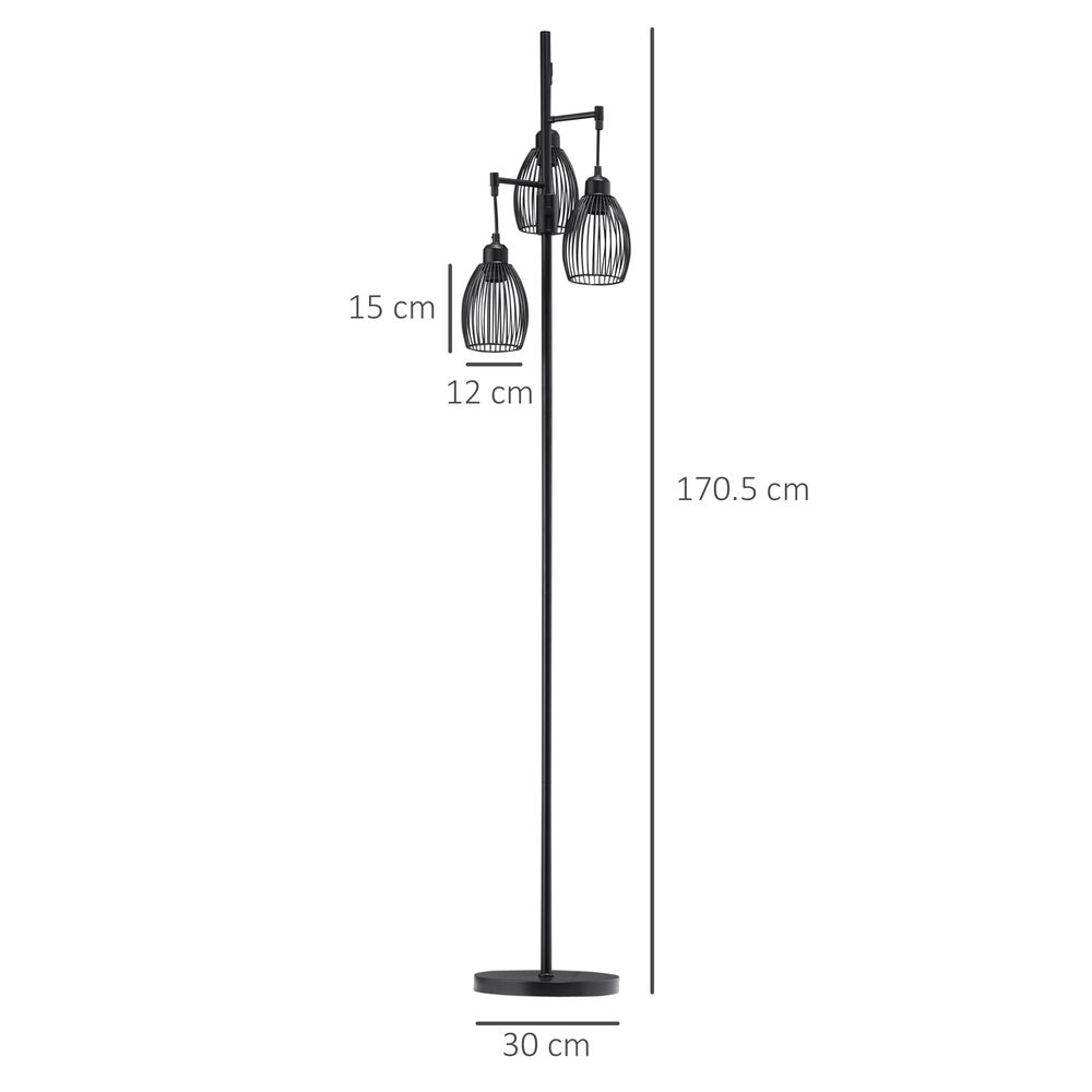 170cm Industrial 3-Light Floor Lamp, Dimmable Black Homcom - Lamp from HOMCOM