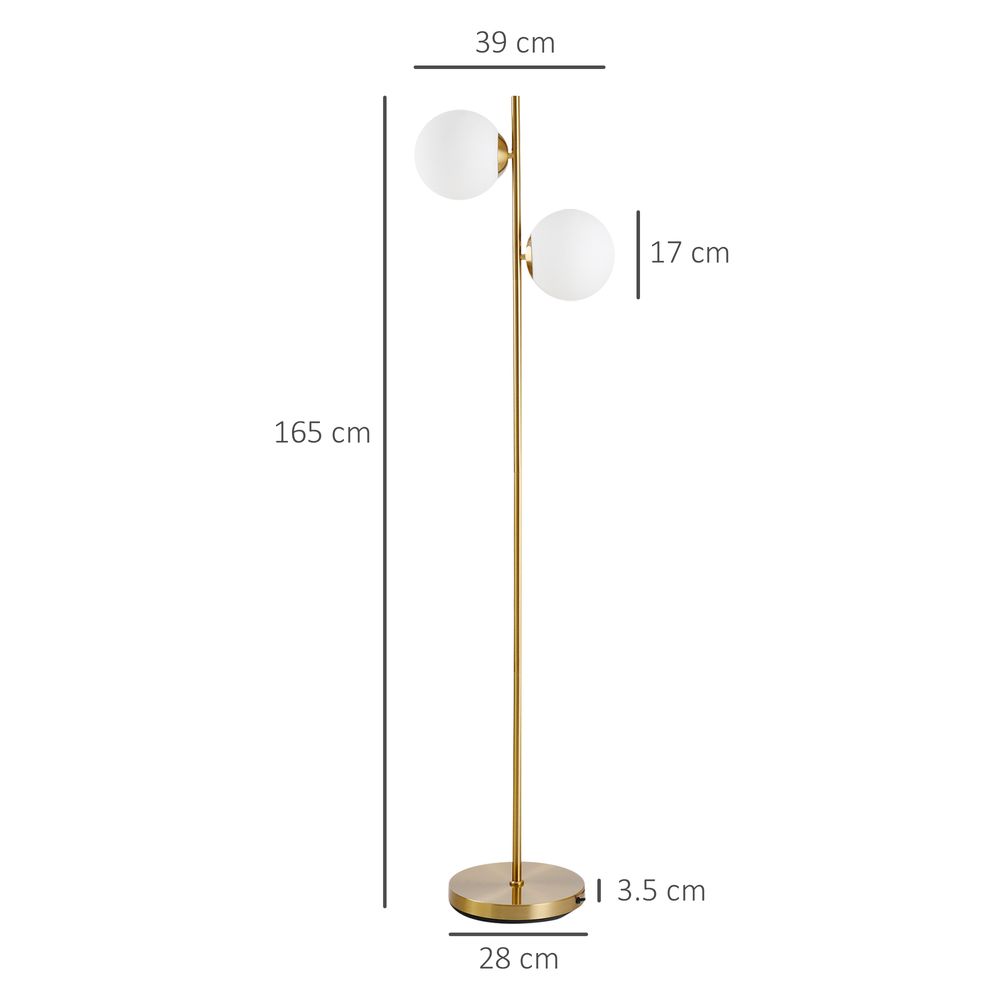 2 Glass Homcom Shade Floor Lamp Metal Pole Modern Decorative Floor Switch Gold - Lamp from HOMCOM