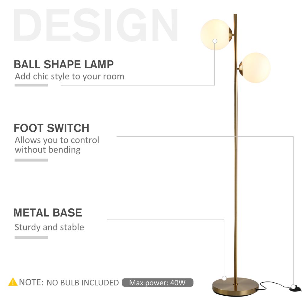 2 Glass Homcom Shade Floor Lamp Metal Pole Modern Decorative Floor Switch Gold - Lamp from HOMCOM