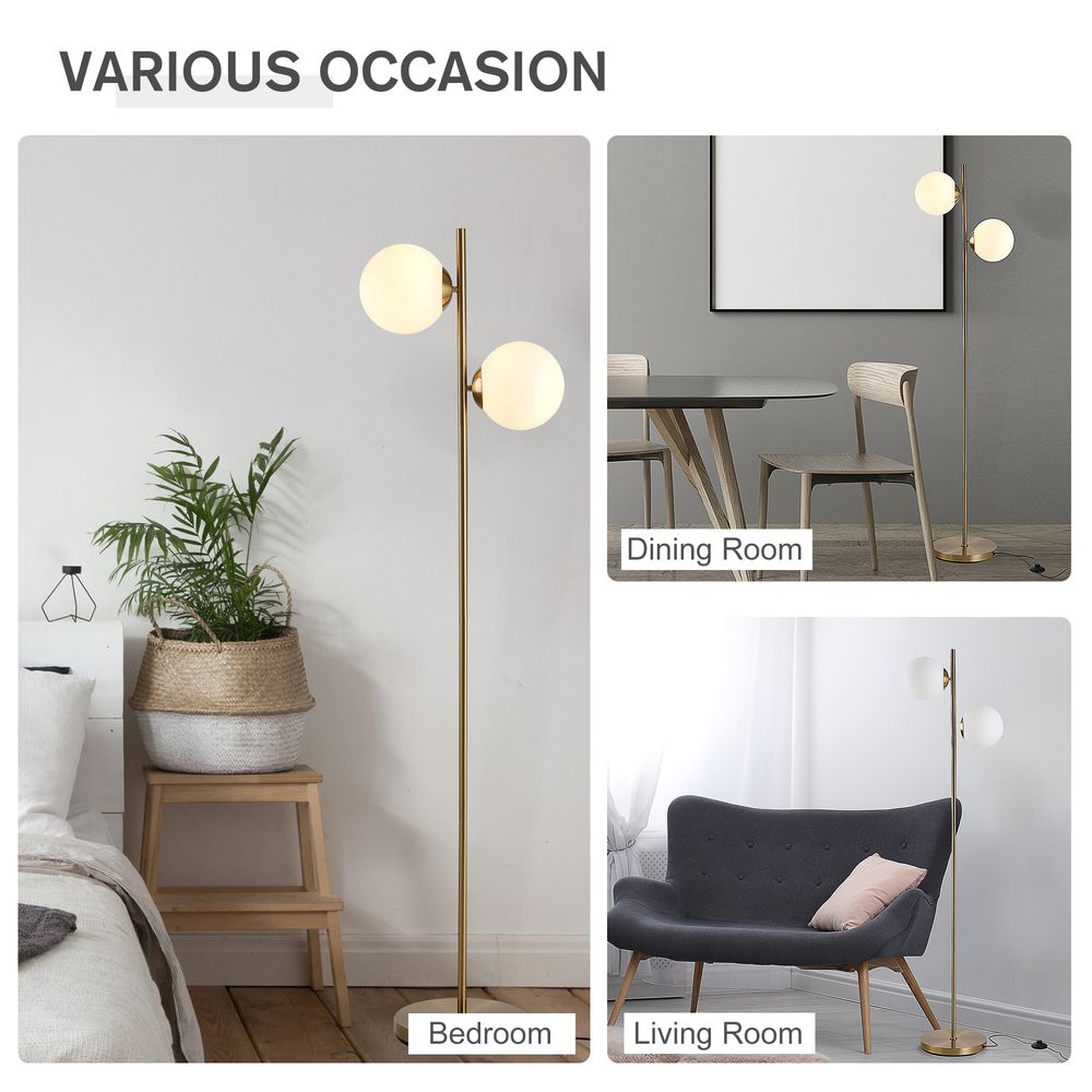 2 Glass Homcom Shade Floor Lamp Metal Pole Modern Decorative Floor Switch Gold - Lamp from HOMCOM