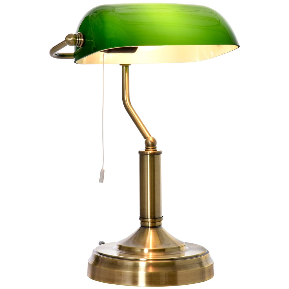 Banker's Table Lamp Desk Lamp w/Antique Bronze Base, Glass Shade and Pull Rope - Lamp from HOMCOM