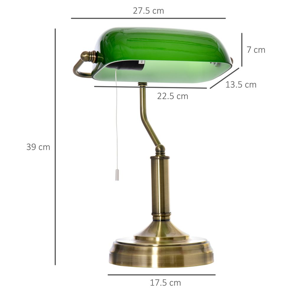 Banker's Table Lamp Desk Lamp w/Antique Bronze Base, Glass Shade and Pull Rope - Lamp from HOMCOM