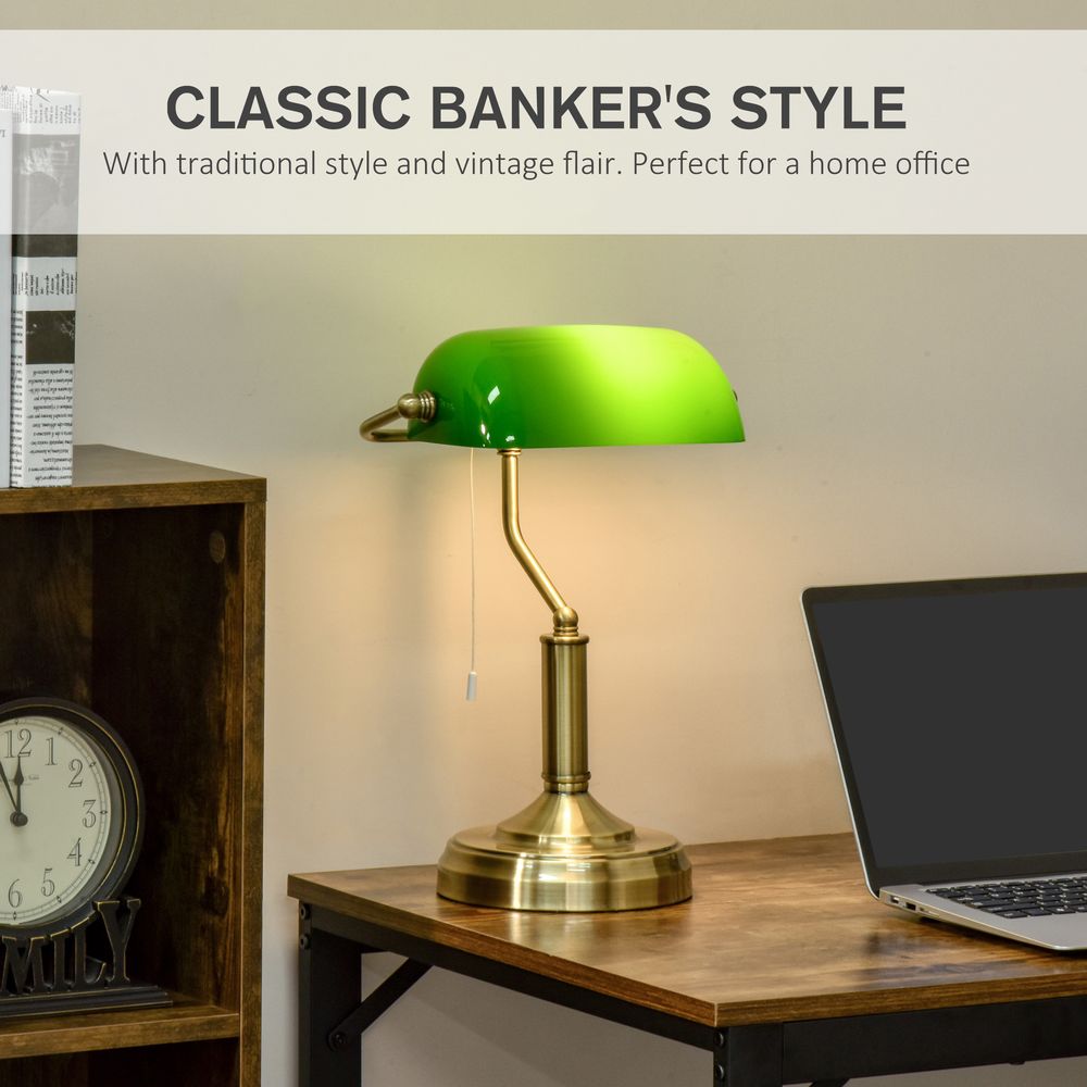 Banker's Table Lamp Desk Lamp w/Antique Bronze Base, Glass Shade and Pull Rope - Lamp from HOMCOM