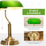 Banker's Table Lamp Desk Lamp w/Antique Bronze Base, Glass Shade and Pull Rope - Lamp from HOMCOM