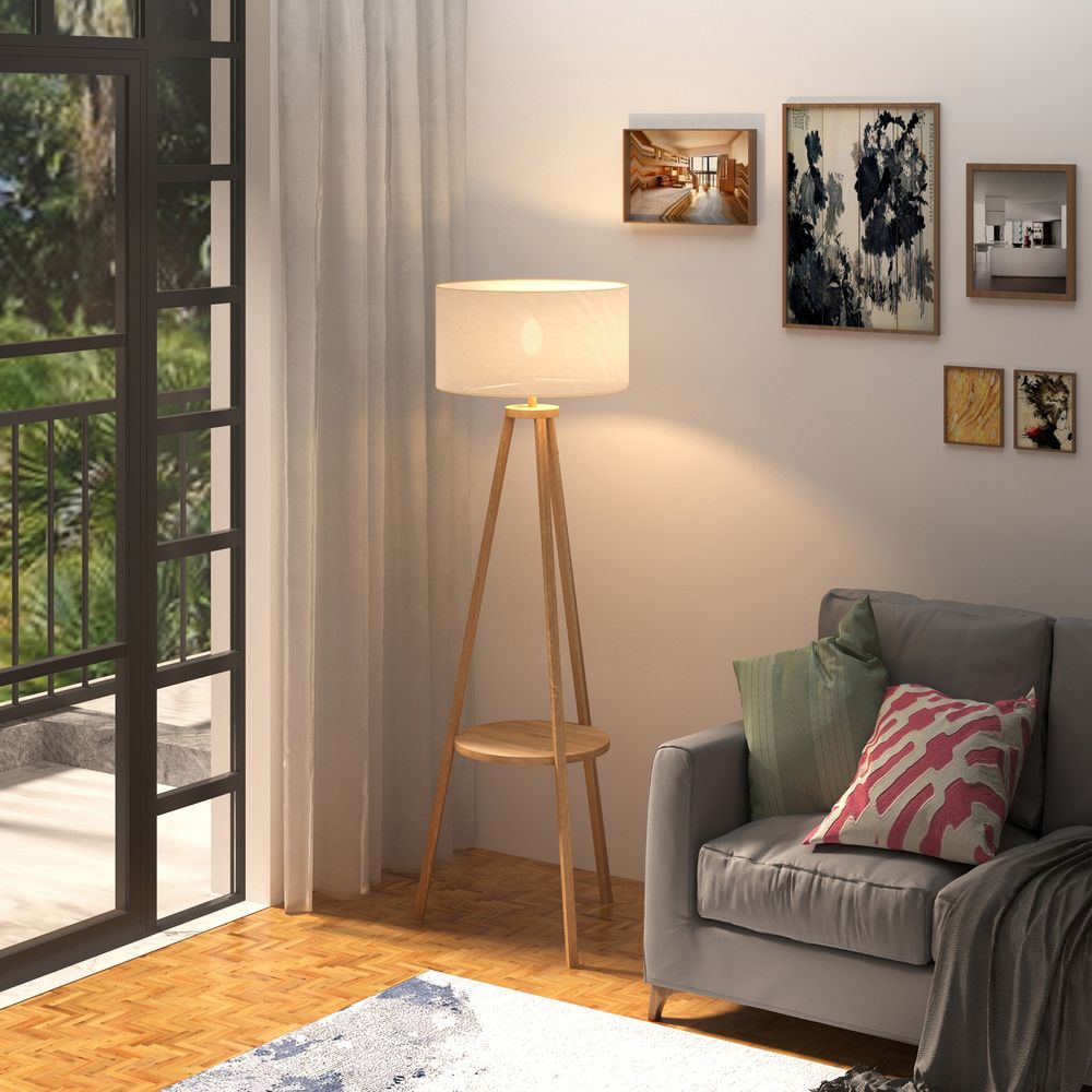 Floor Lamp, 154H cm-Beige/Natural Wood Colour - Lamp from HOMCOM