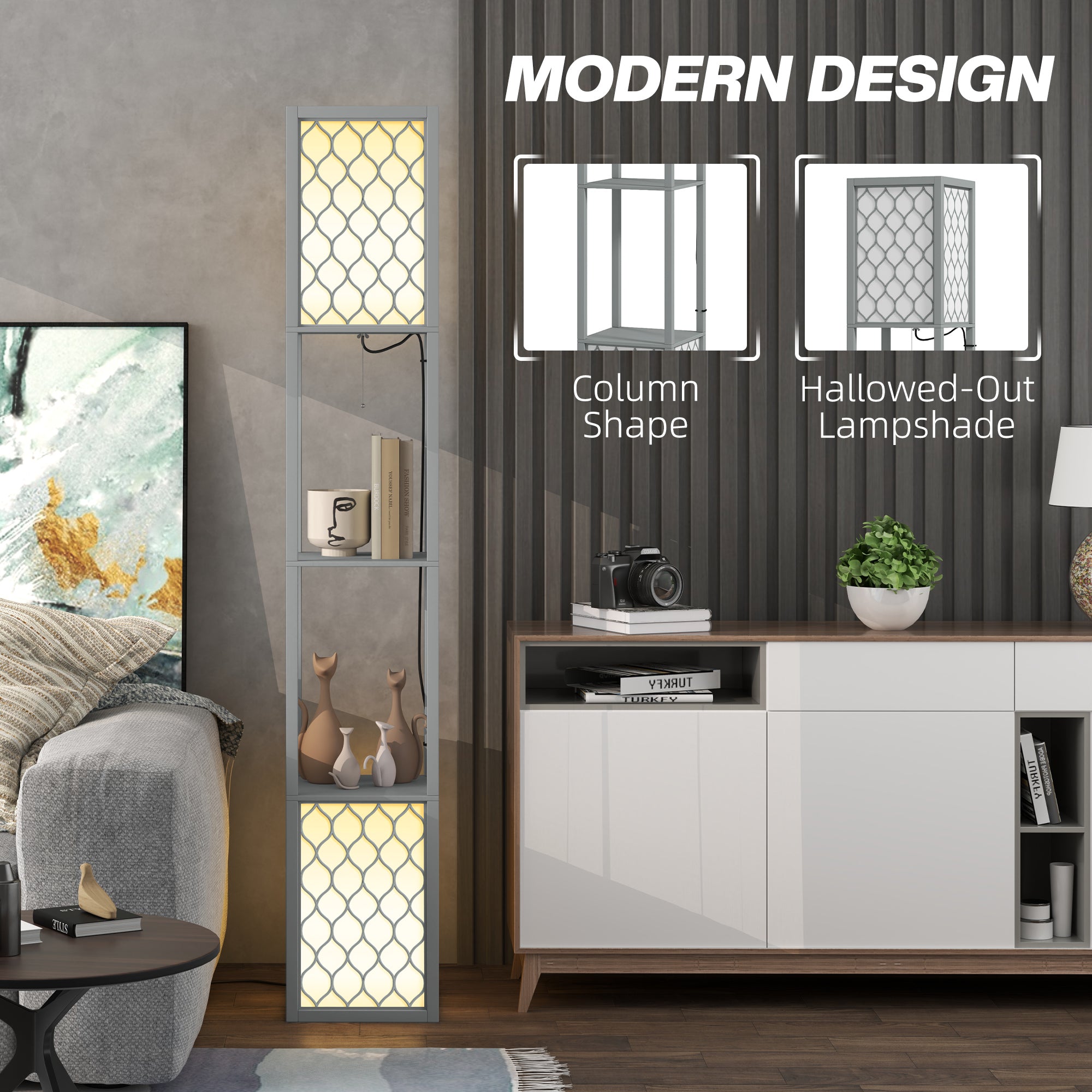 HOMCOM 2-Light Modern Floor Lamp with Shelves for Living Room, Bedroom, Grey - Lamp from HOMCOM