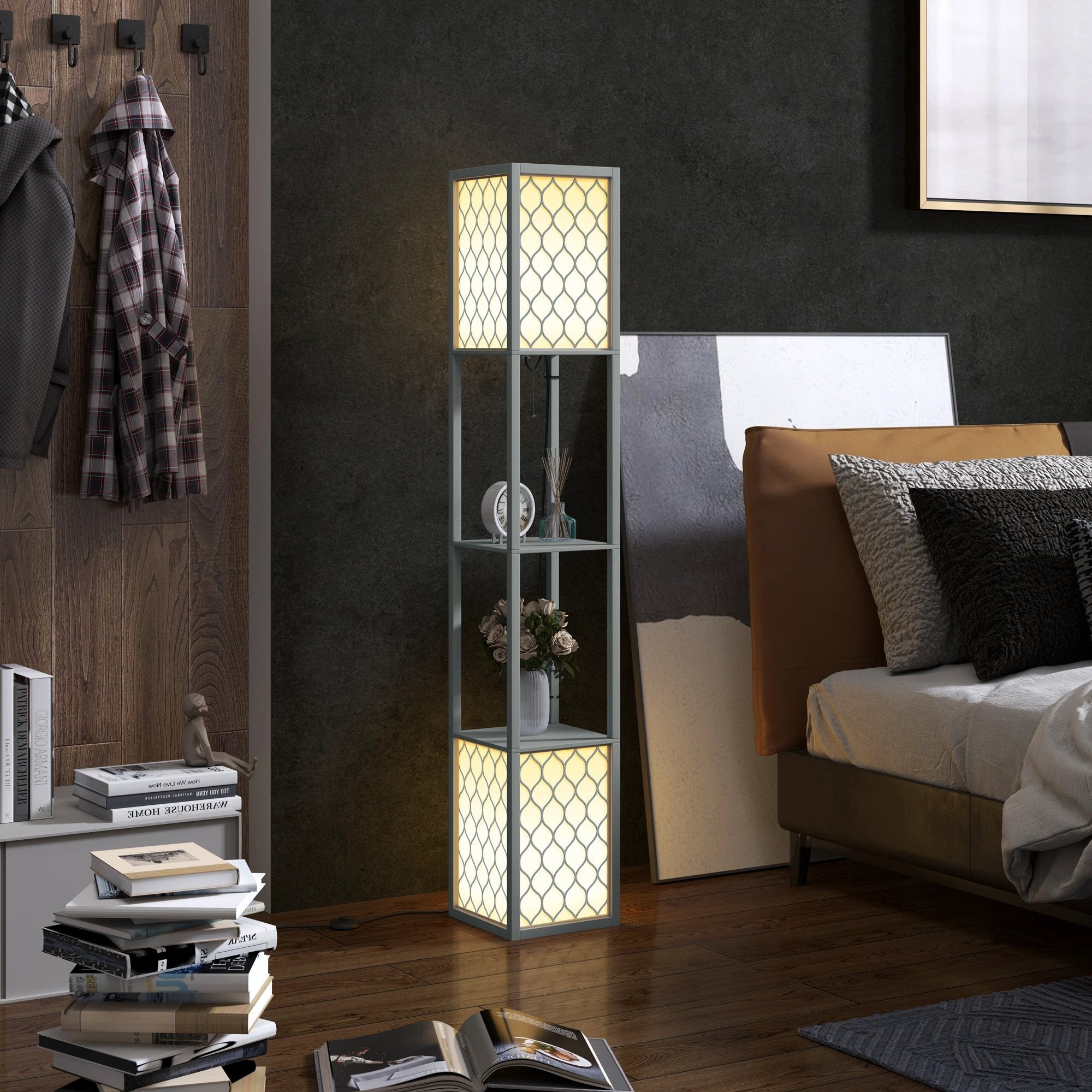 HOMCOM 2-Light Modern Floor Lamp with Shelves for Living Room, Bedroom, Grey by HOMCOM