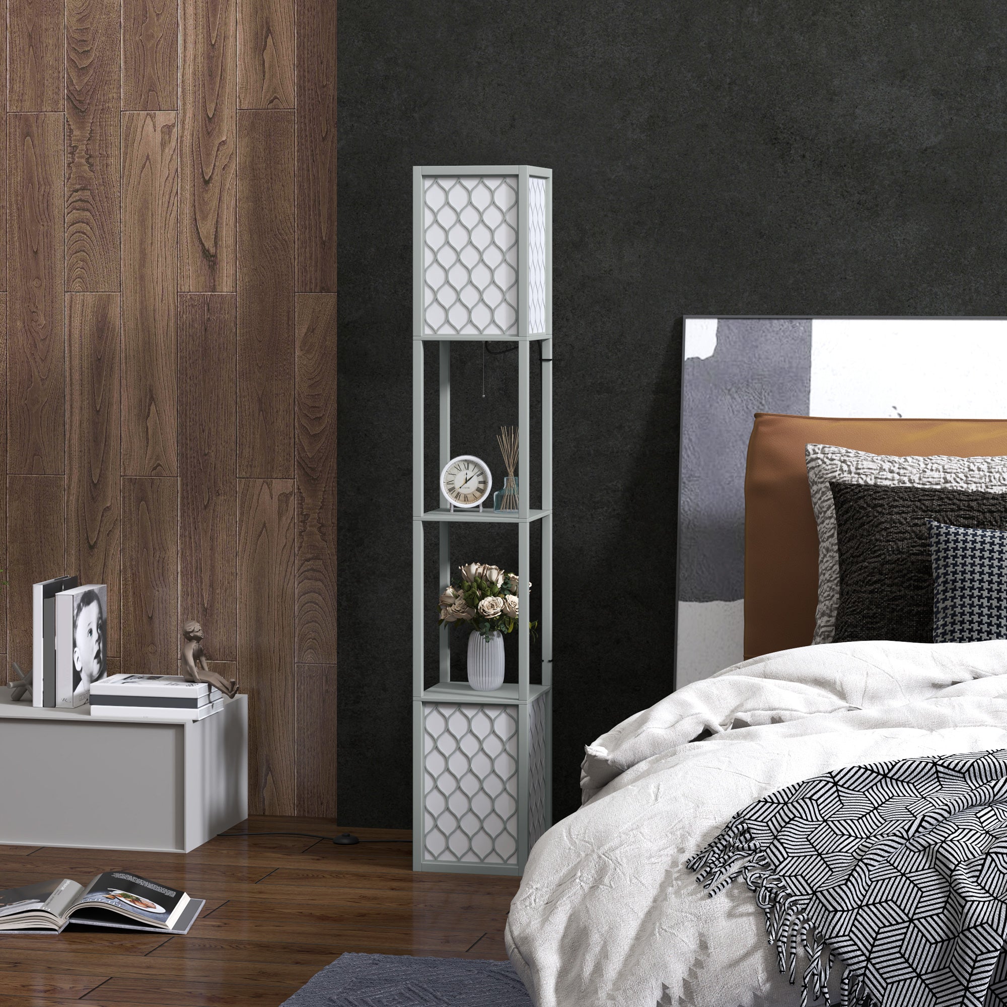 HOMCOM 2-Light Modern Floor Lamp with Shelves for Living Room, Bedroom, Grey - Lamp from HOMCOM