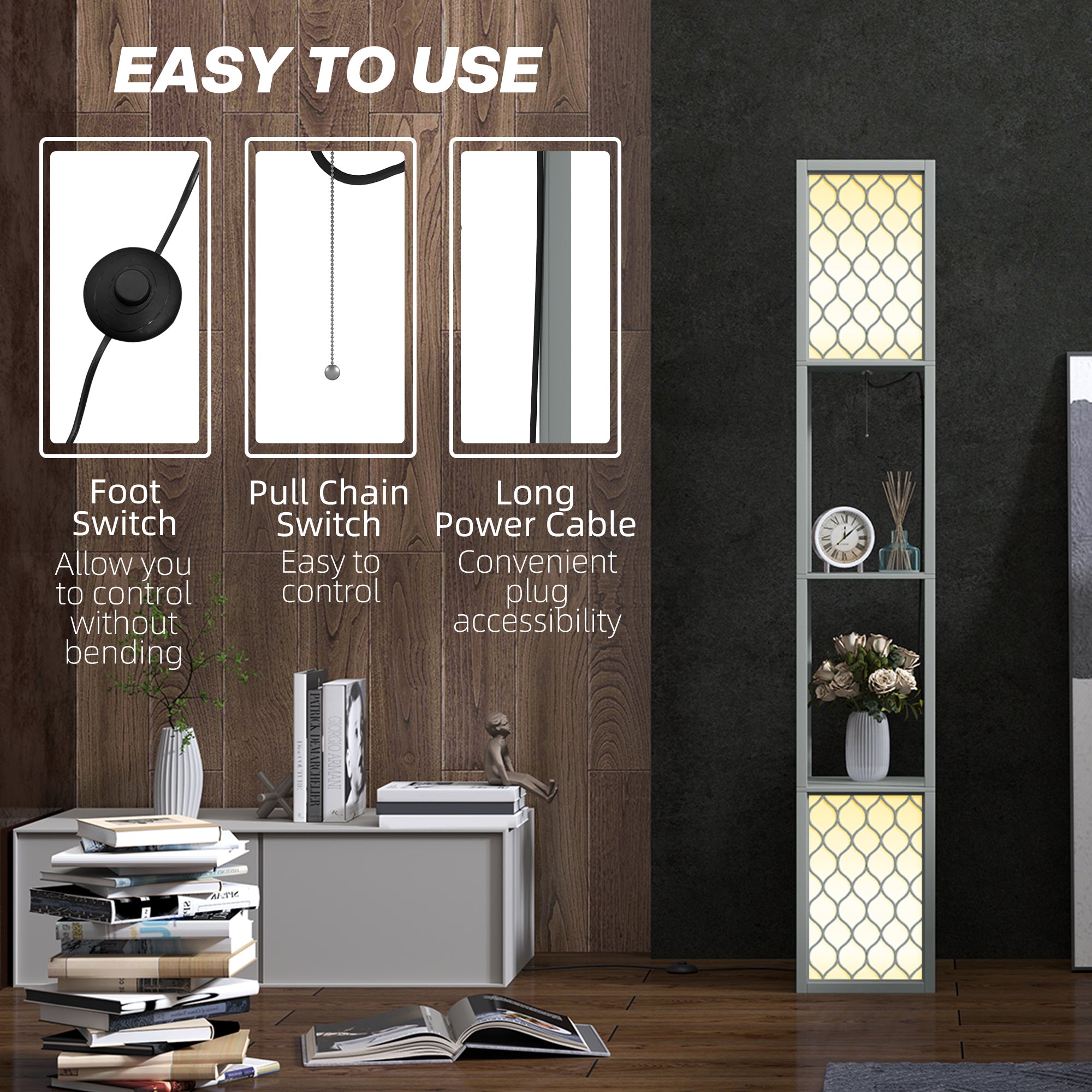 HOMCOM 2-Light Modern Floor Lamp with Shelves for Living Room, Bedroom, Grey - Lamp from HOMCOM