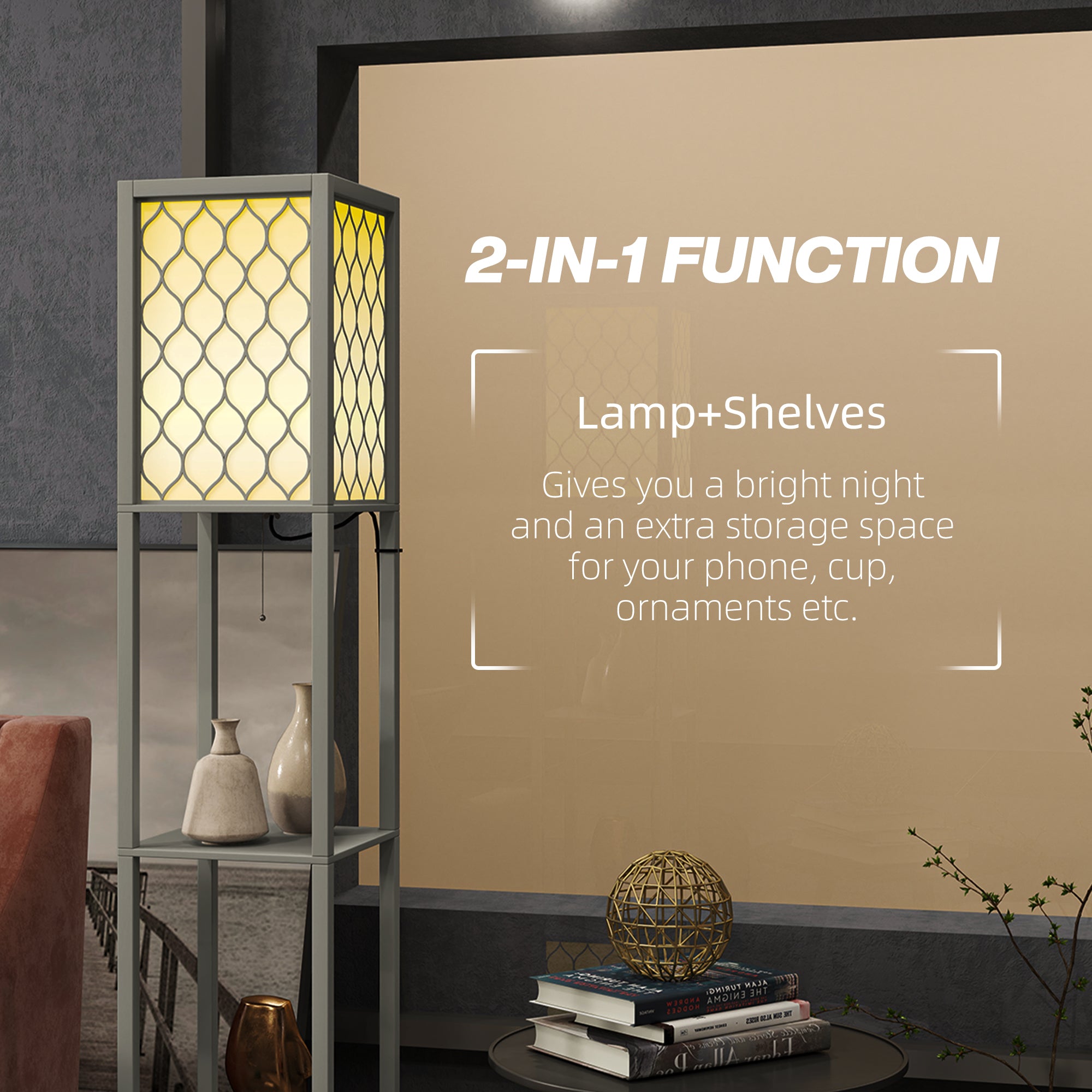 HOMCOM 2-Light Modern Floor Lamp with Shelves for Living Room, Bedroom, Grey - Lamp from HOMCOM