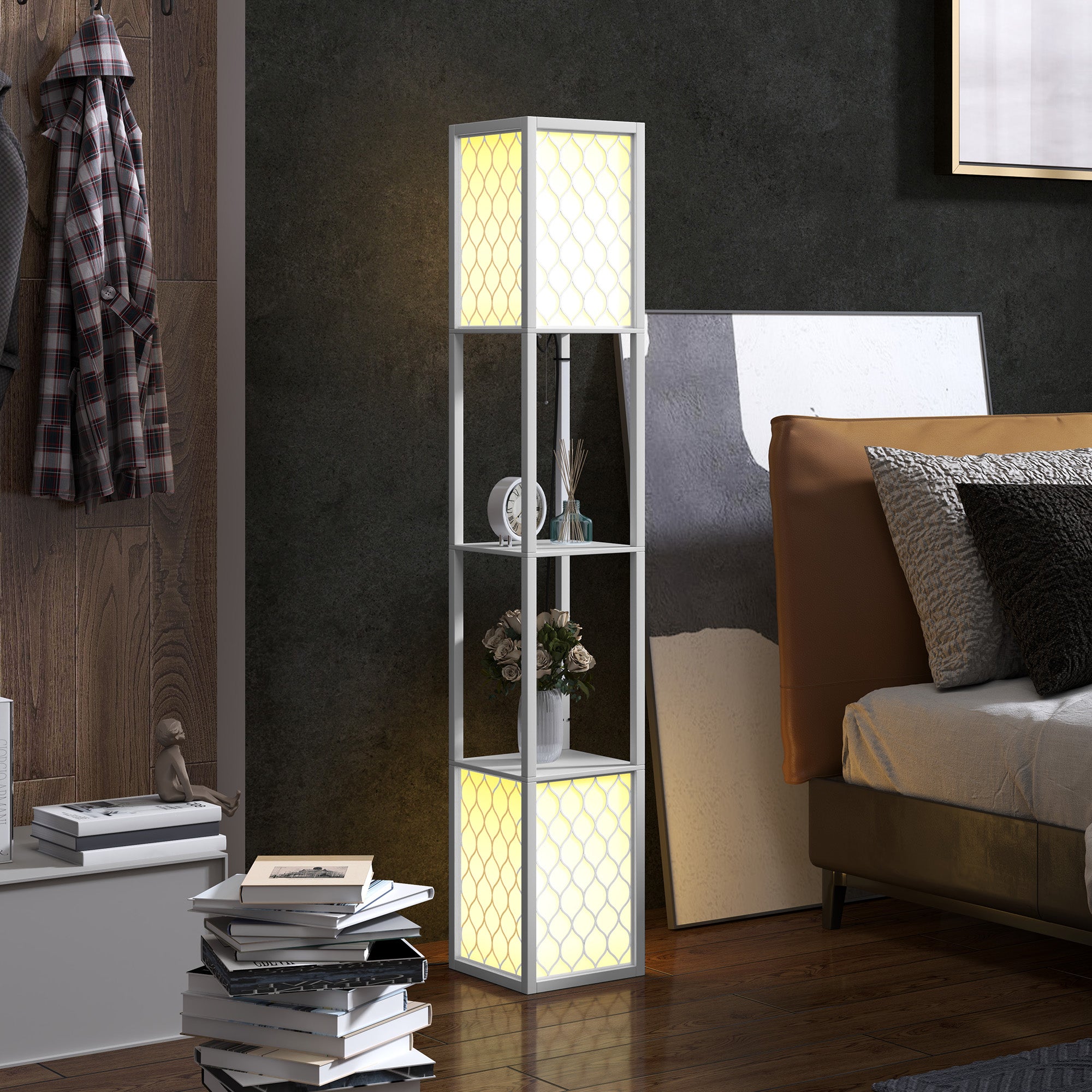 HOMCOM 2-Light Modern Floor Lamp with Shelves for Living Room, Bedroom, White - Lamp from HOMCOM