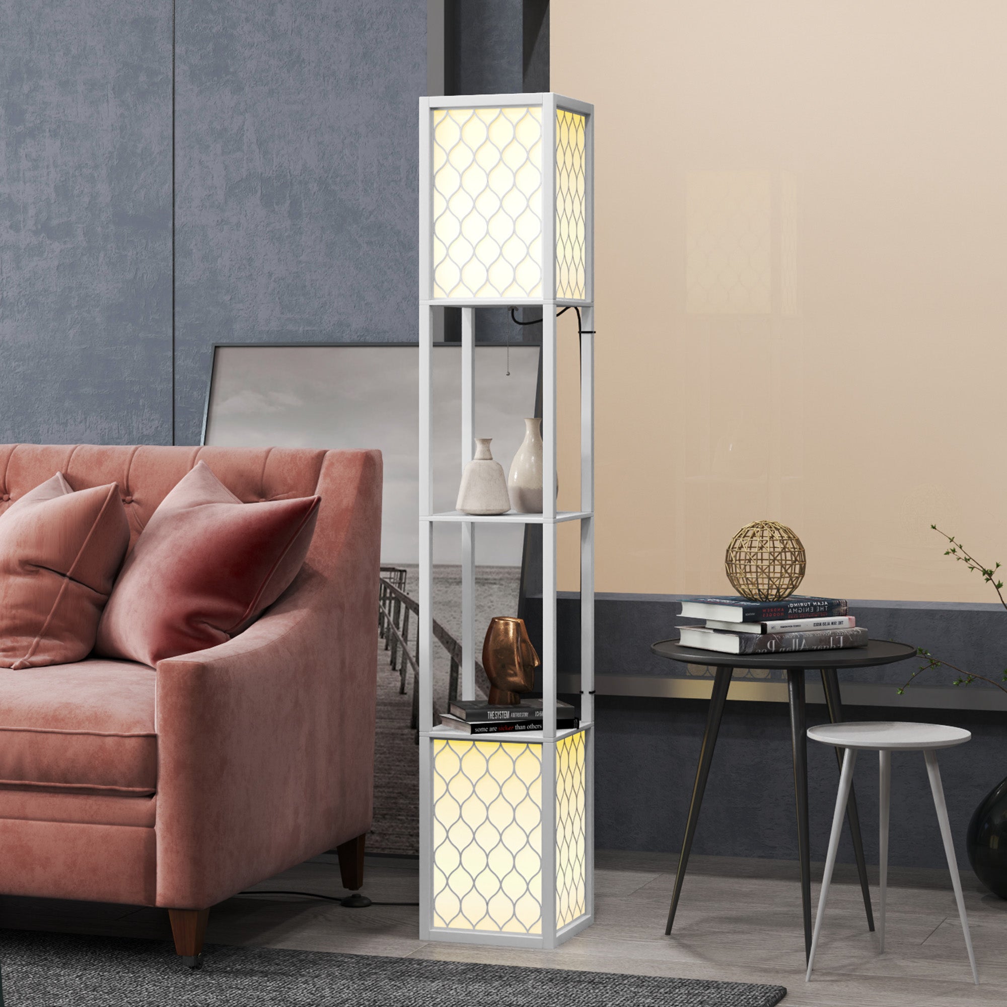 HOMCOM 2-Light Modern Floor Lamp with Shelves for Living Room, Bedroom, White - Lamp from HOMCOM