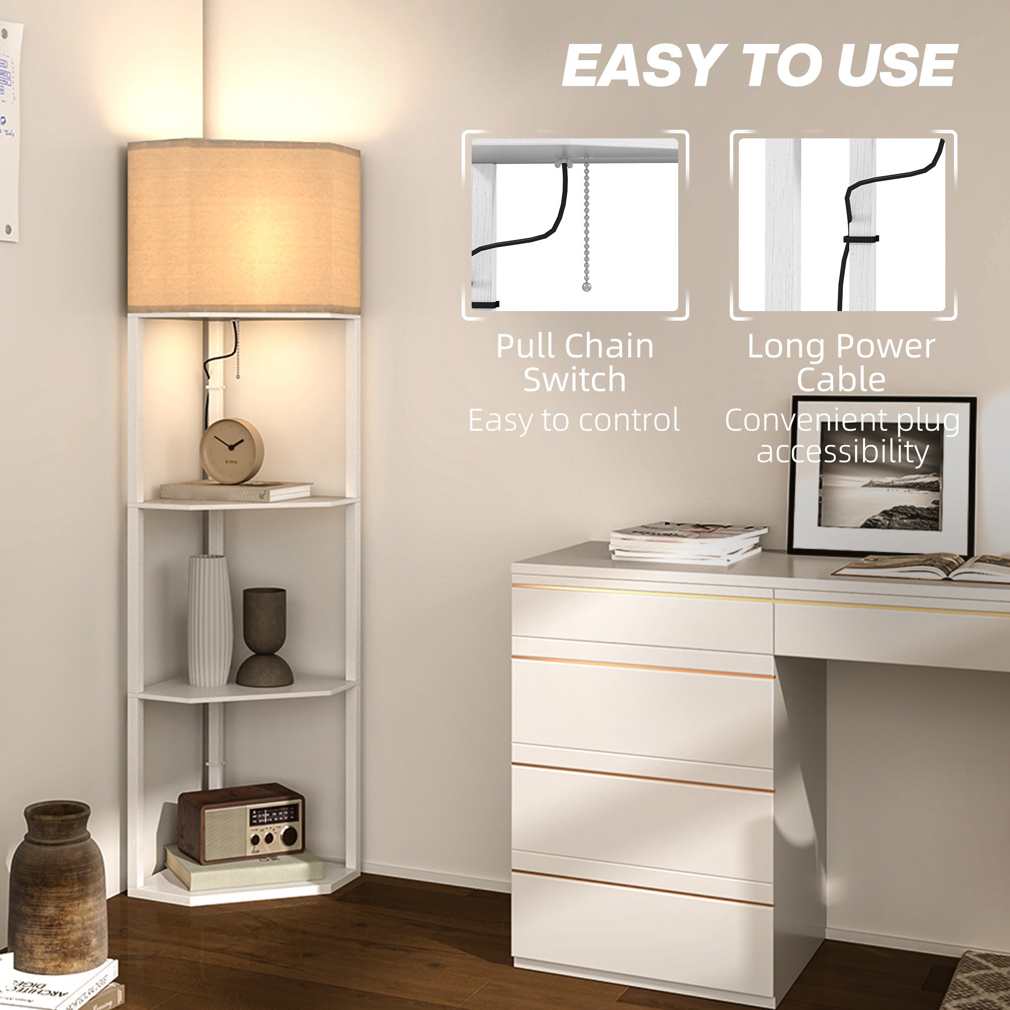 HOMCOM Corner Modern Floor Lamp with Shelves for Living Room, Bedroom, White - Lamp from HOMCOM