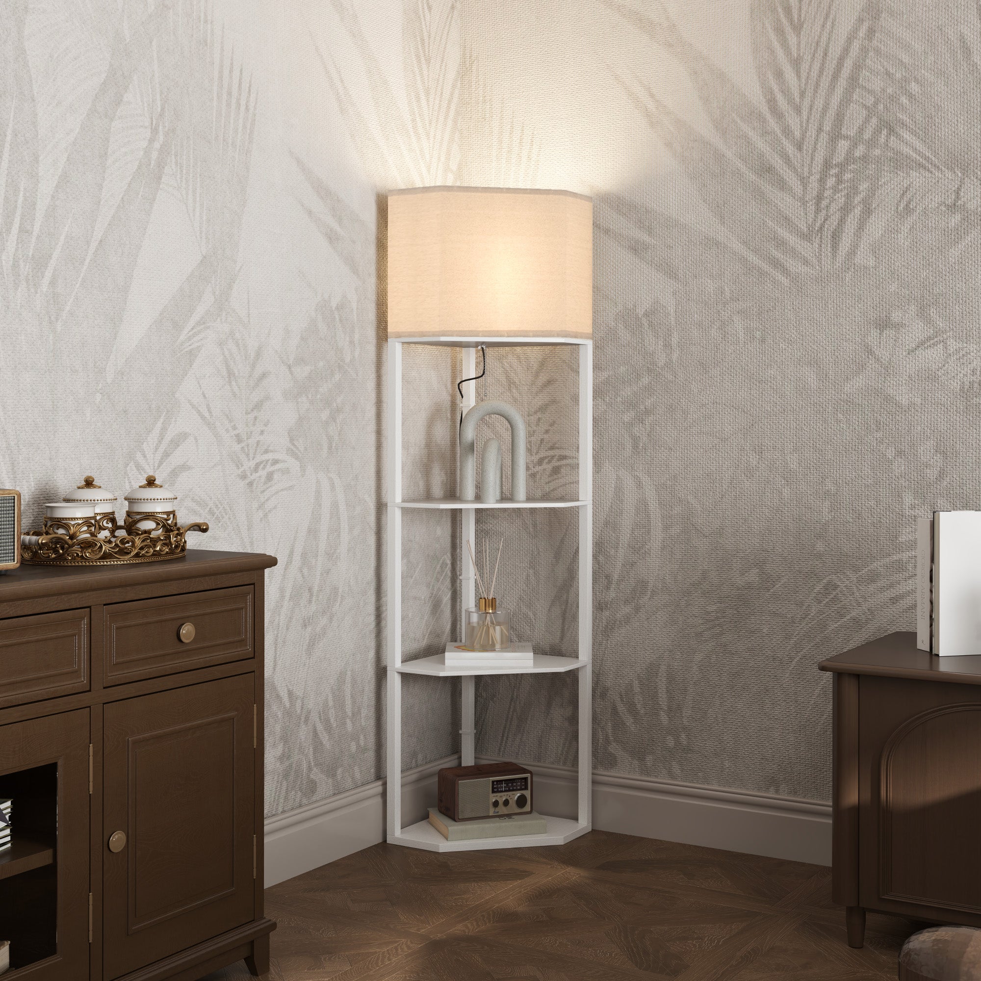 HOMCOM Corner Modern Floor Lamp with Shelves for Living Room, Bedroom, White - Lamp from HOMCOM
