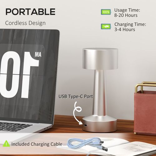 HOMCOM LED Cordless Table Lamp with Battery Operated for Bedroom, Silver - Lamp from HOMCOM