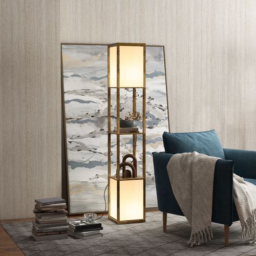 HOMCOM Shelf Floor Lamp with Dual Light, for Living Room, Bedroom, Brown - Lamp from HOMCOM