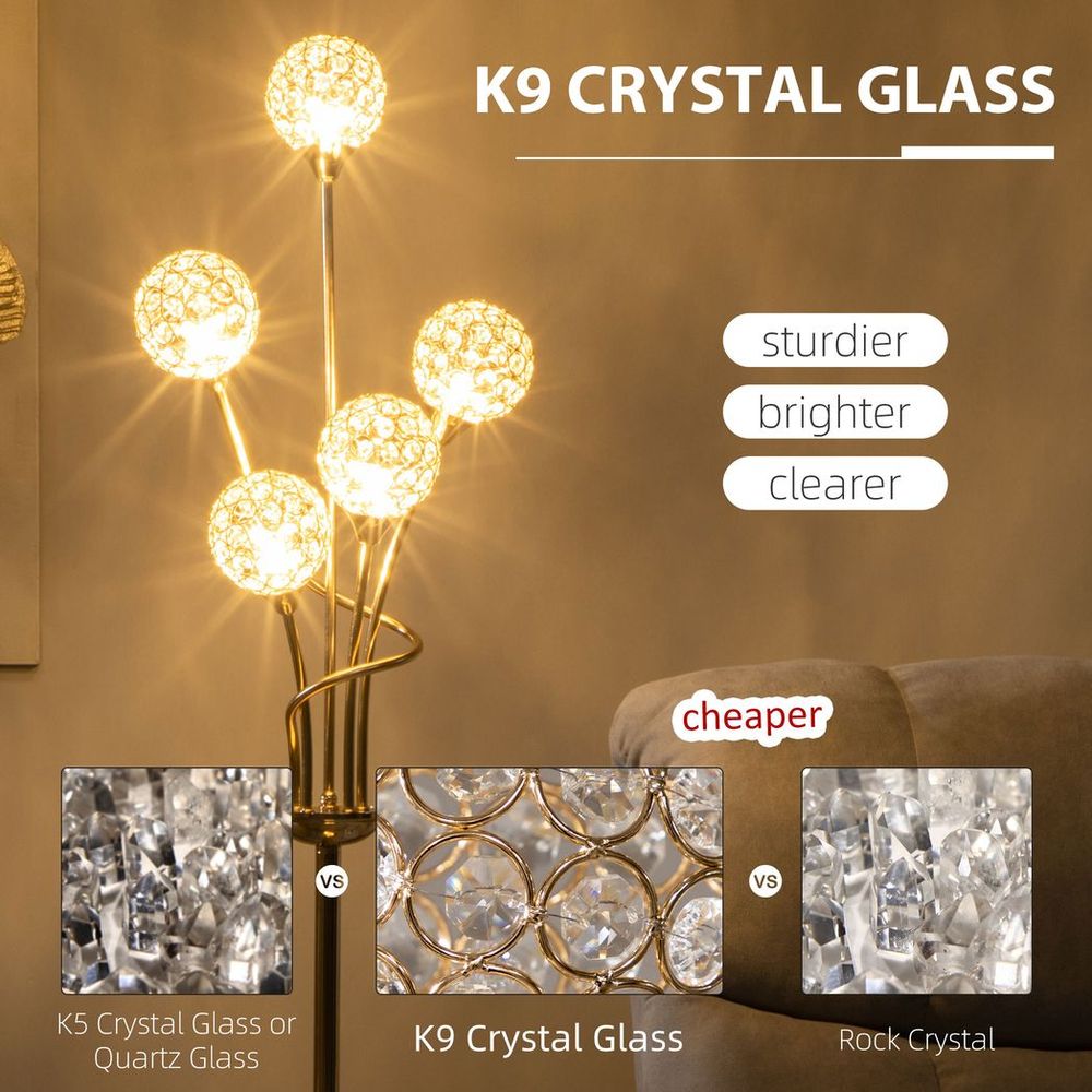 K9 Crystal Floor Lamp for Living Room, 5 Light Upright Standing Lamp, Gold - Lamp from HOMCOM