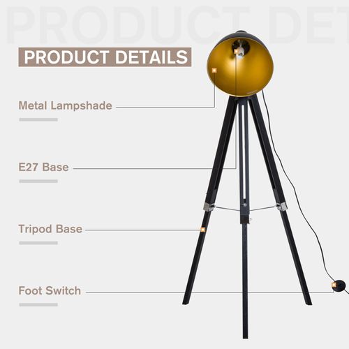 Retro Tripod Floor Lamp  Dome Shade Light Wooden Legs-Black/Gold - Lamp from HOMCOM