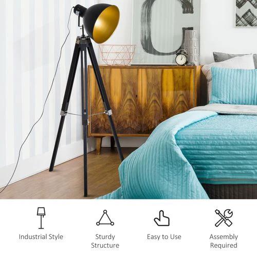 Retro Tripod Floor Lamp Dome Shade Light Wooden Legs-Black/Gold by HOMCOM