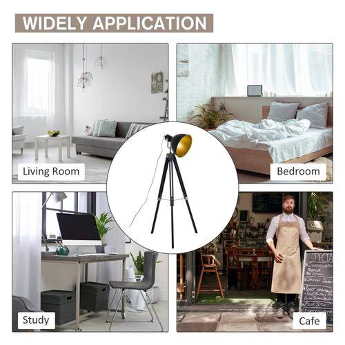Retro Tripod Floor Lamp Dome Shade Light Wooden Legs-Black/Gold by HOMCOM