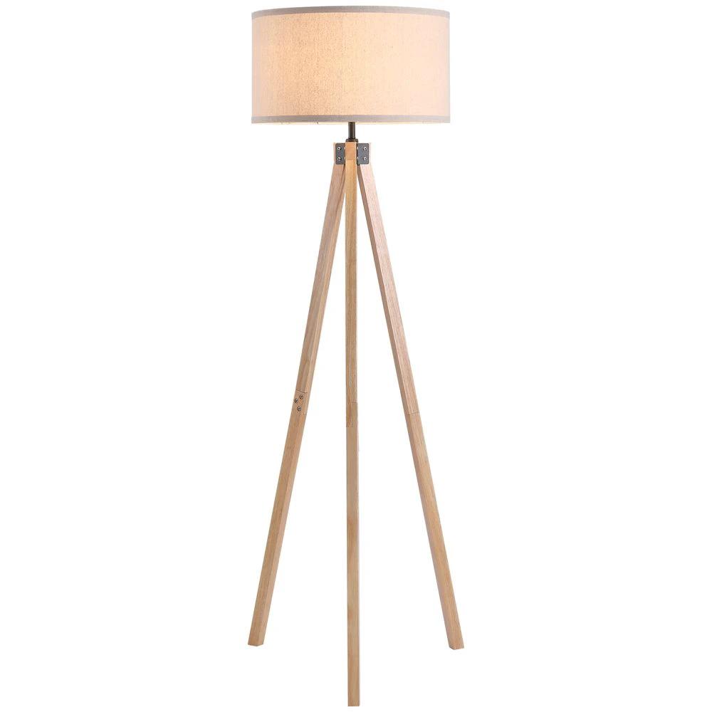HOMCOM Rubber Wood Tripod Floor Lamp Beige - Uncategorized Lamp